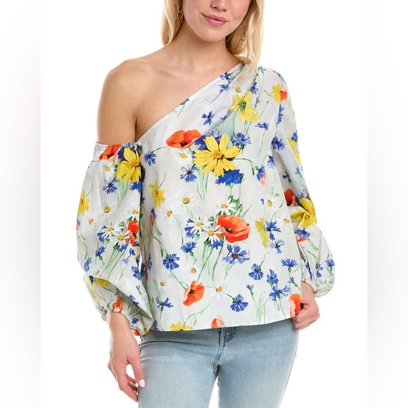 Pearl | Poplin One-Shoulder Top In Multicolor Floral Sz L - Picture 1 of 2